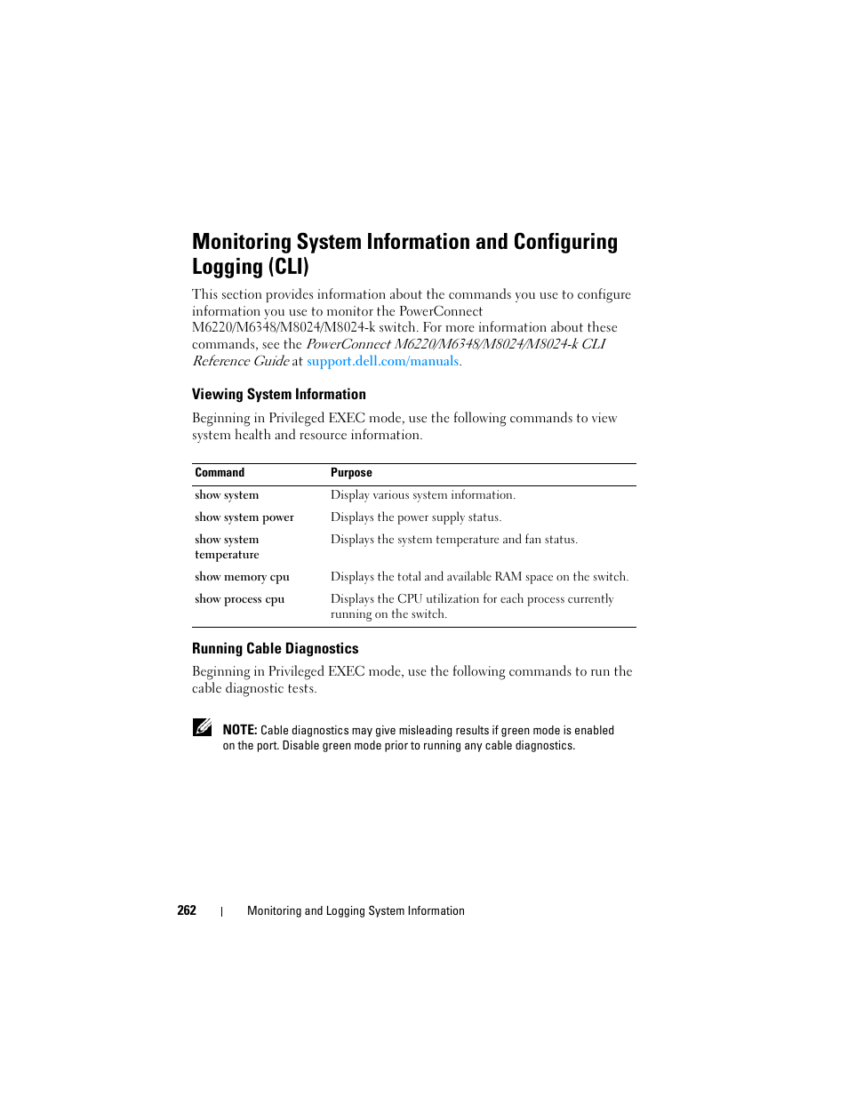 Viewing system information, Running cable diagnostics | Dell POWEREDGE M1000E User Manual | Page 262 / 1246