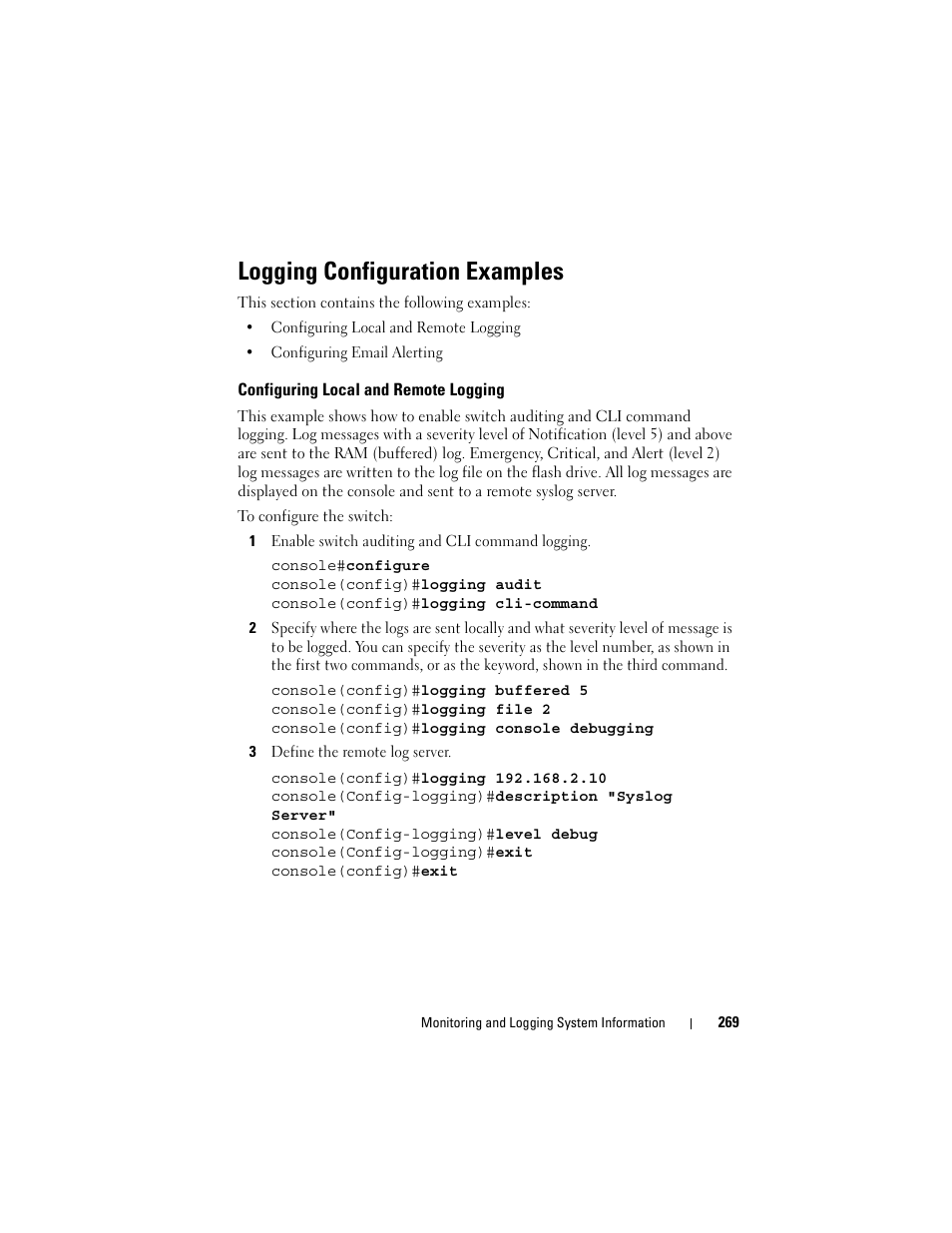 Logging configuration examples, Configuring local and remote logging | Dell POWEREDGE M1000E User Manual | Page 269 / 1246