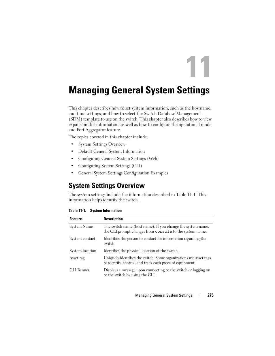 Managing general system settings, System settings overview, Managing | Ee "managing general | Dell POWEREDGE M1000E User Manual | Page 275 / 1246