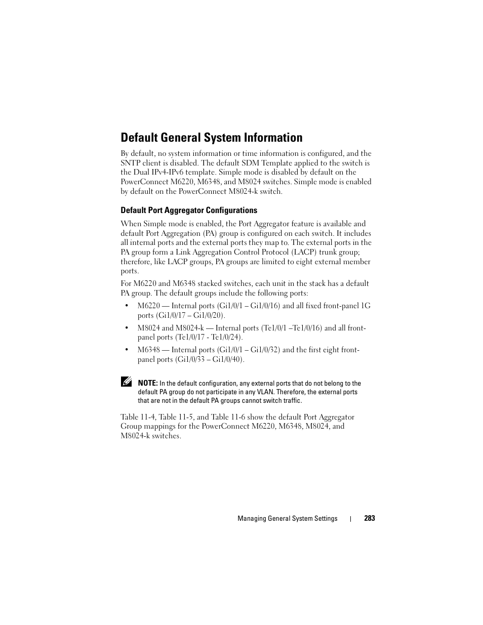 Default general system information, Default port aggregator configurations | Dell POWEREDGE M1000E User Manual | Page 283 / 1246