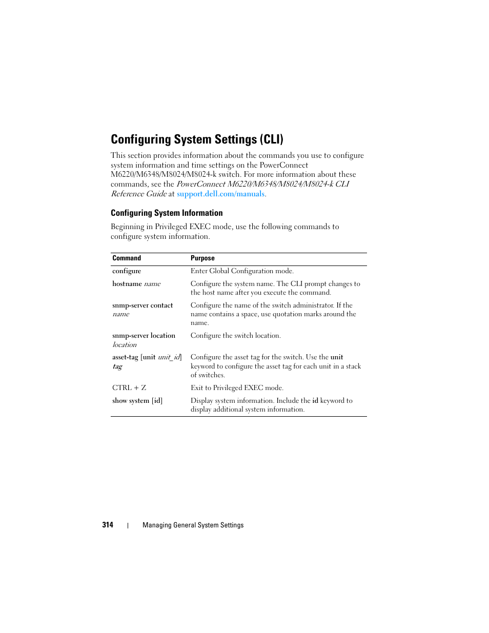 Configuring system settings (cli), Configuring system information | Dell POWEREDGE M1000E User Manual | Page 314 / 1246