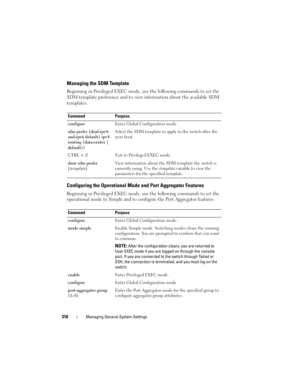 Managing the sdm template, Configuring the operational mode and port, Aggregator features | Dell POWEREDGE M1000E User Manual | Page 316 / 1246