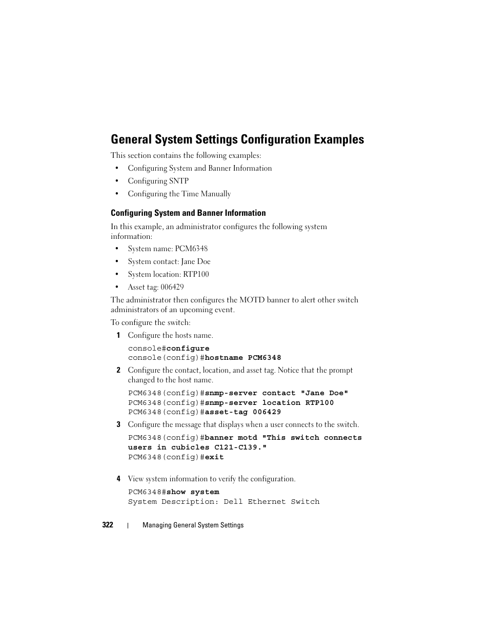 General system settings configuration examples, Configuring system and banner information | Dell POWEREDGE M1000E User Manual | Page 322 / 1246