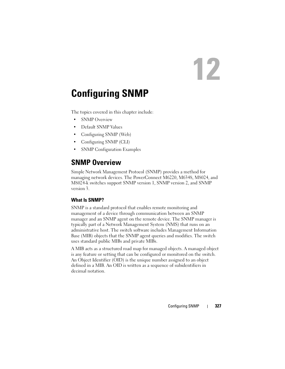 Configuring snmp, Snmp overview, What is snmp | Configuring | Dell POWEREDGE M1000E User Manual | Page 327 / 1246