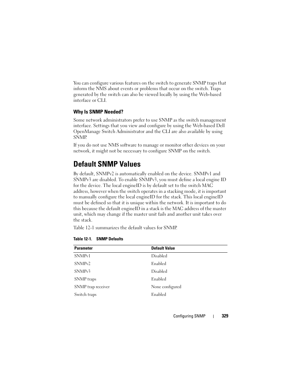 Why is snmp needed, Default snmp values | Dell POWEREDGE M1000E User Manual | Page 329 / 1246