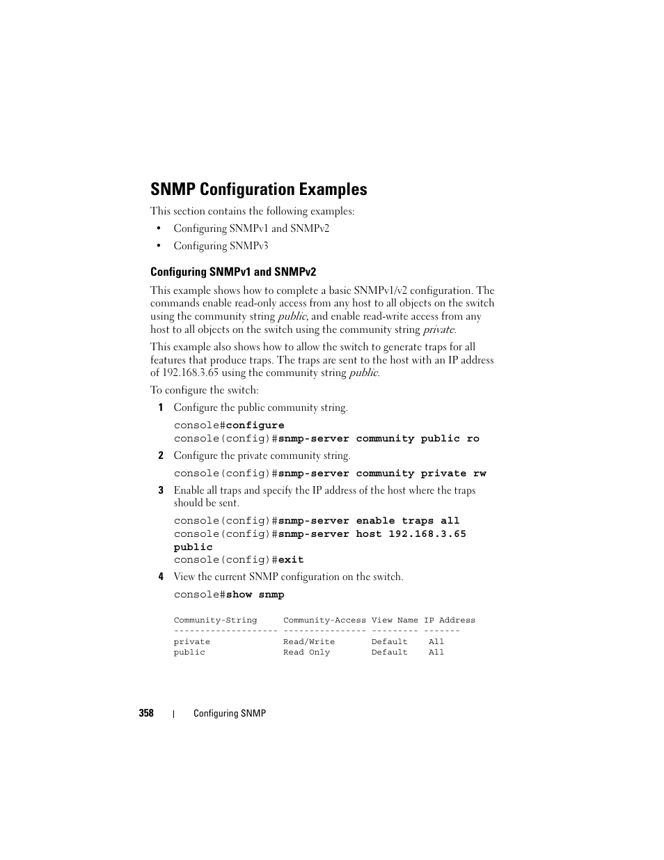 Snmp configuration examples, Configuring snmpv1 and snmpv2 | Dell POWEREDGE M1000E User Manual | Page 358 / 1246