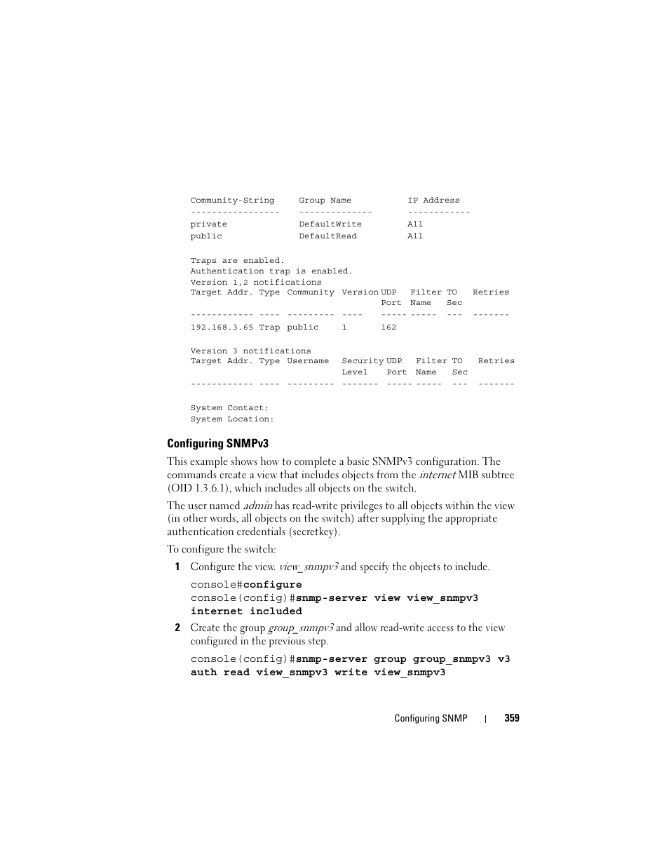 Configuring snmpv3 | Dell POWEREDGE M1000E User Manual | Page 359 / 1246