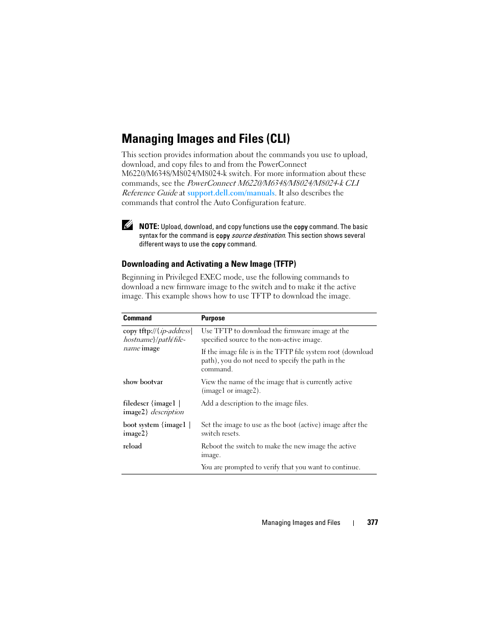 Managing images and files (cli), Downloading and activating a new image (tftp), Downloading and activating a new | Image (tftp) | Dell POWEREDGE M1000E User Manual | Page 377 / 1246