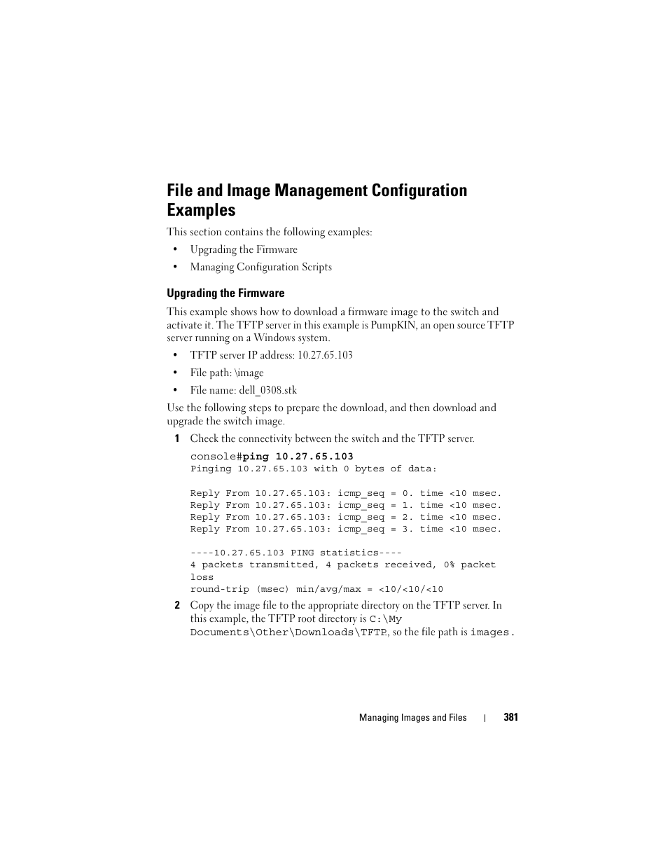 File and image management configuration examples, Upgrading the firmware | Dell POWEREDGE M1000E User Manual | Page 381 / 1246