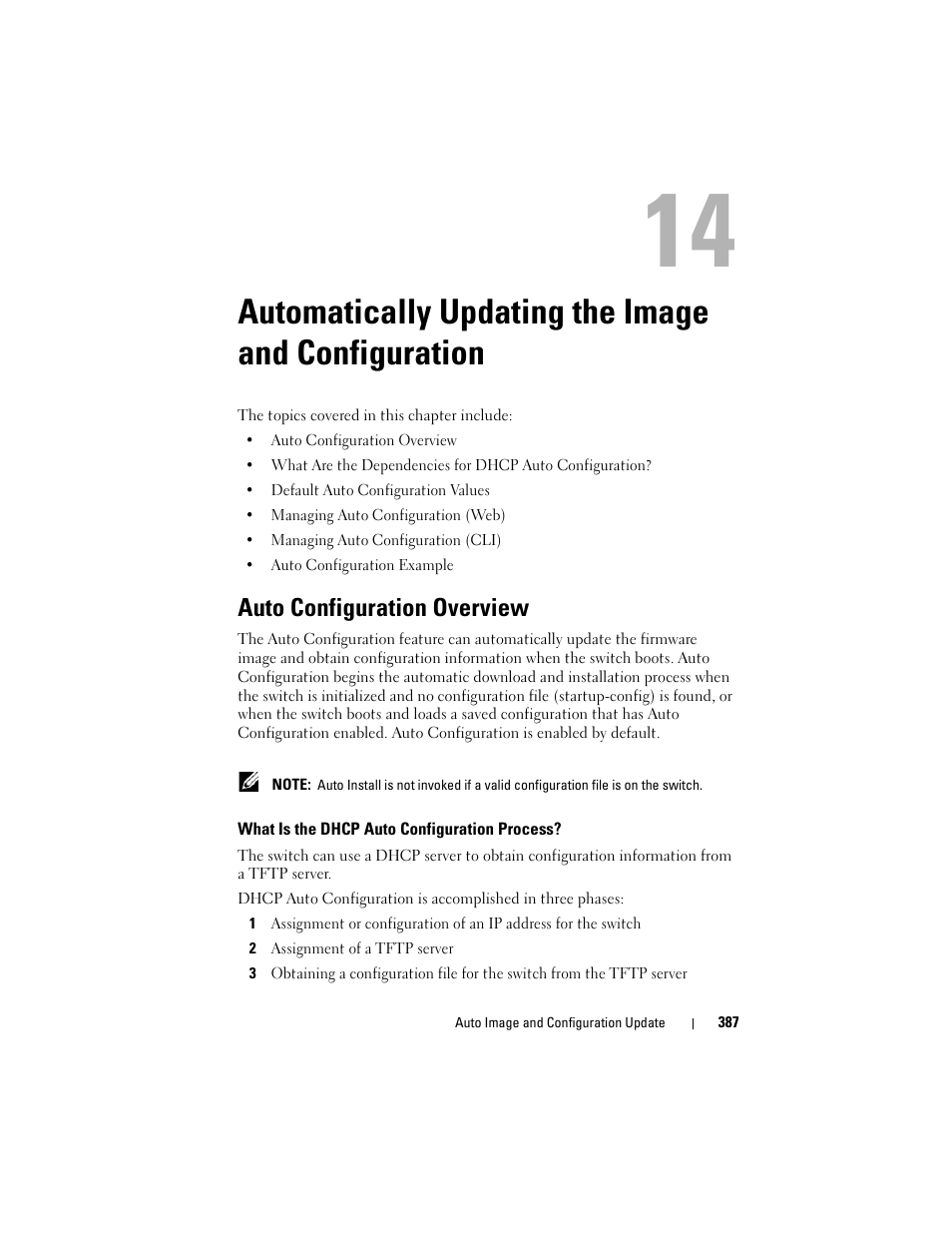 Automatically updating the image and configuration, Auto configuration overview, What is the dhcp auto configuration process | Automatically updating the, Image and configuration, What is the dhcp auto configuration, Process, Automatically updating the image | Dell POWEREDGE M1000E User Manual | Page 387 / 1246