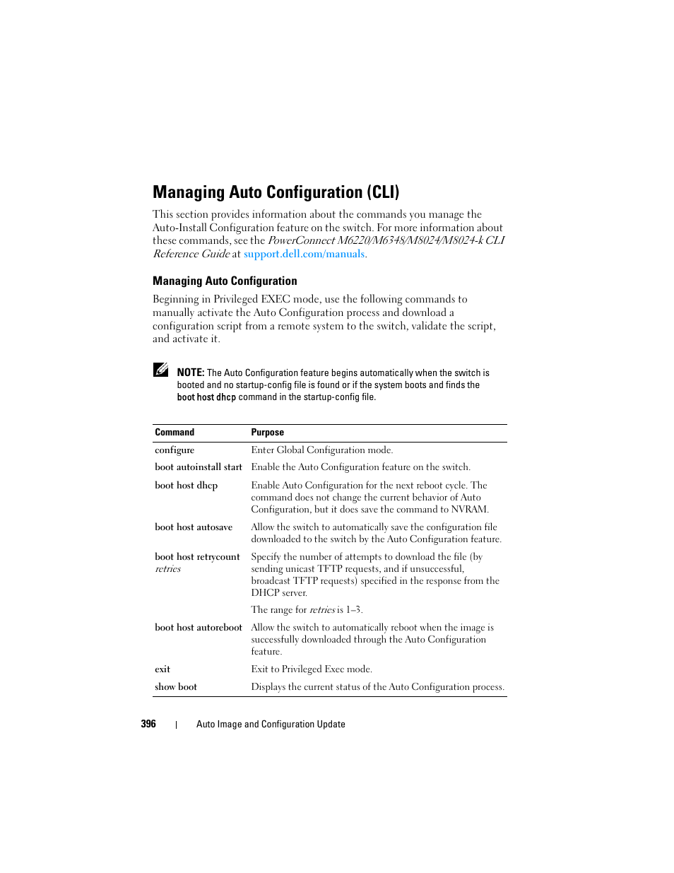 Managing auto configuration (cli), Managing auto configuration | Dell POWEREDGE M1000E User Manual | Page 396 / 1246