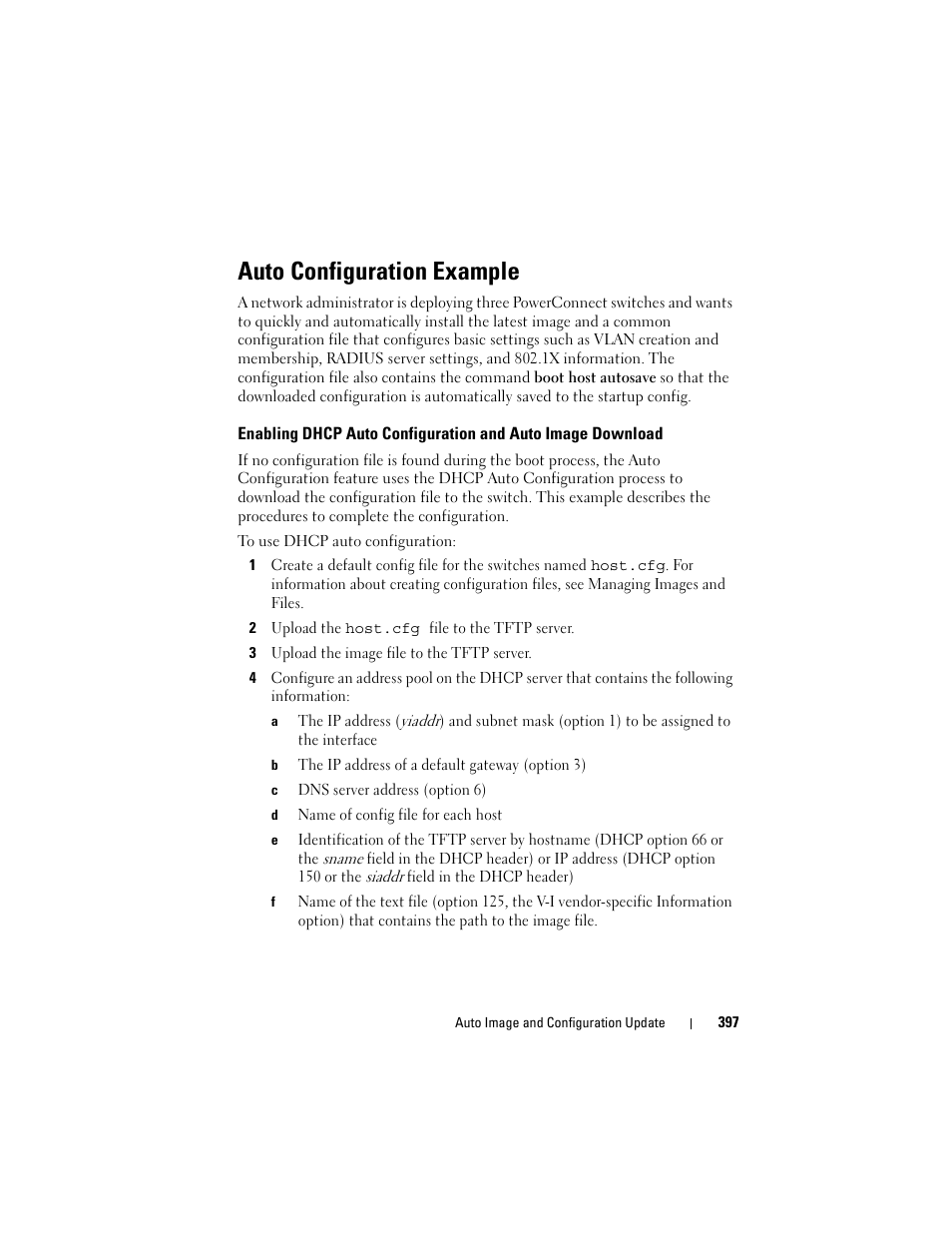 Auto configuration example, Enabling dhcp auto configuration and, Auto image download | Dell POWEREDGE M1000E User Manual | Page 397 / 1246