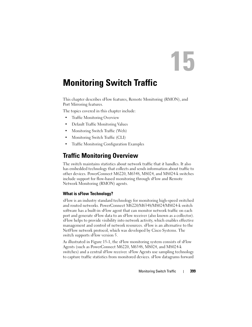 Monitoring switch traffic, Traffic monitoring overview, What is sflow technology | See "monitoring, Rroring, see "monitoring switch | Dell POWEREDGE M1000E User Manual | Page 399 / 1246