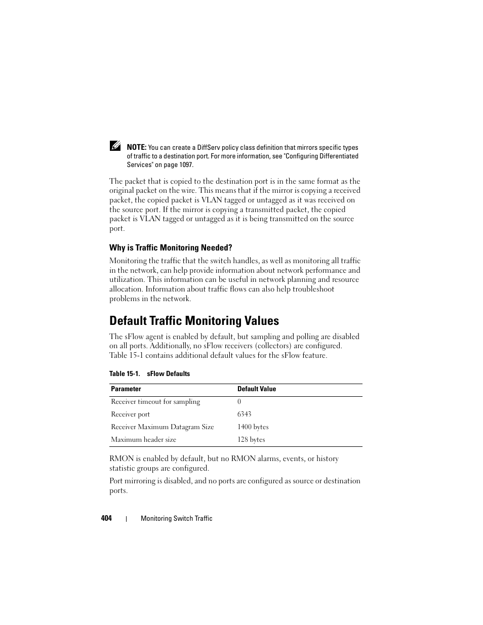 Why is traffic monitoring needed, Default traffic monitoring values | Dell POWEREDGE M1000E User Manual | Page 404 / 1246