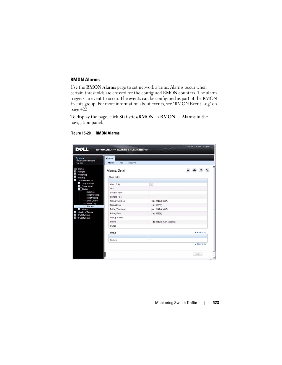 Rmon alarms | Dell POWEREDGE M1000E User Manual | Page 423 / 1246