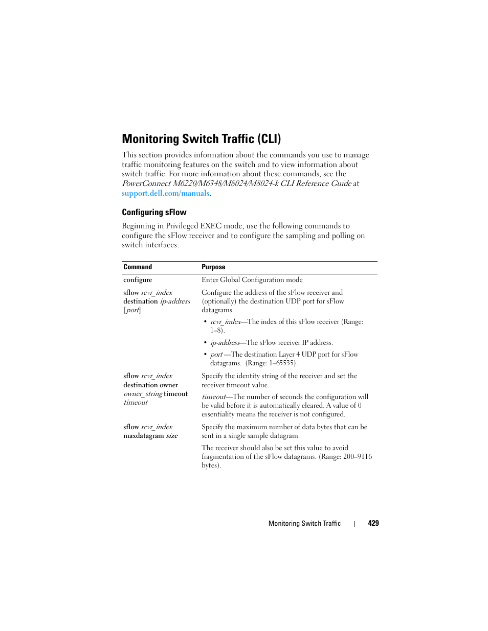 Monitoring switch traffic (cli), Configuring sflow | Dell POWEREDGE M1000E User Manual | Page 429 / 1246