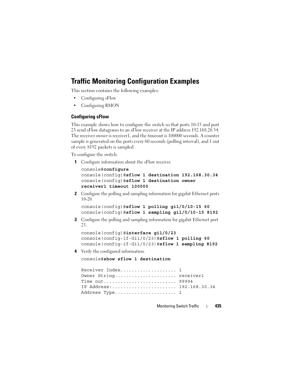 Traffic monitoring configuration examples, Configuring sflow | Dell POWEREDGE M1000E User Manual | Page 435 / 1246