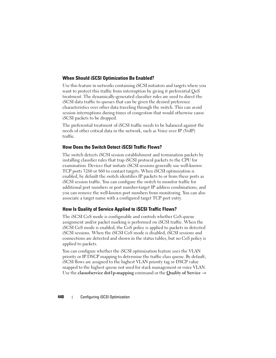 When should iscsi optimization be enabled, How does the switch detect iscsi traffic flows, When should iscsi optimization be | Enabled, How does the switch detect iscsi, Traffic flows, How is quality of service applied to iscsi | Dell POWEREDGE M1000E User Manual | Page 440 / 1246