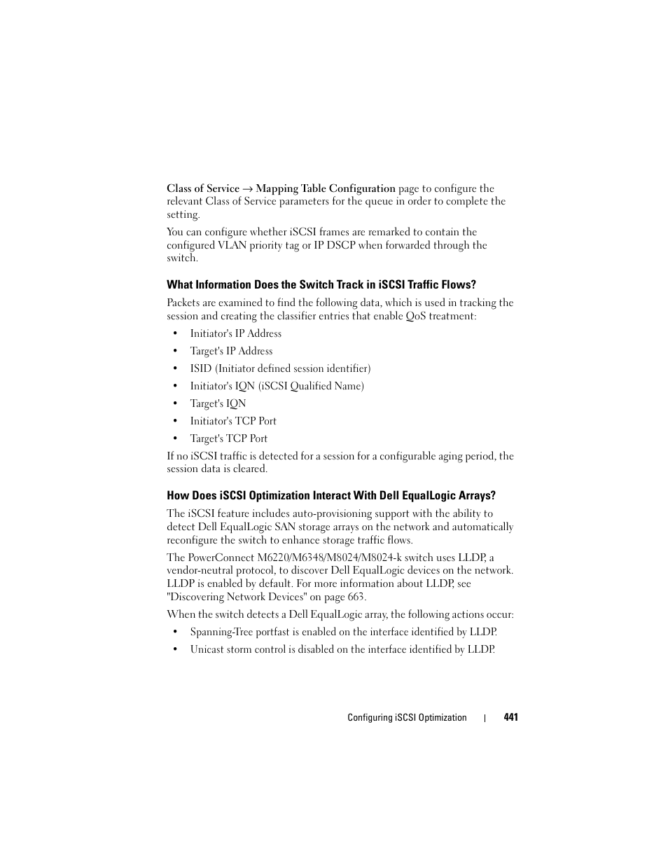 What information does the switch track in, Iscsi traffic flows, How does iscsi optimization interact | With dell equallogic arrays | Dell POWEREDGE M1000E User Manual | Page 441 / 1246