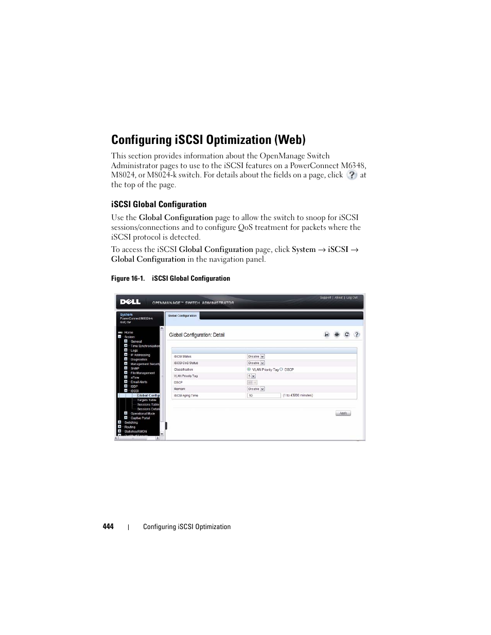 Configuring iscsi optimization (web), Iscsi global configuration | Dell POWEREDGE M1000E User Manual | Page 444 / 1246