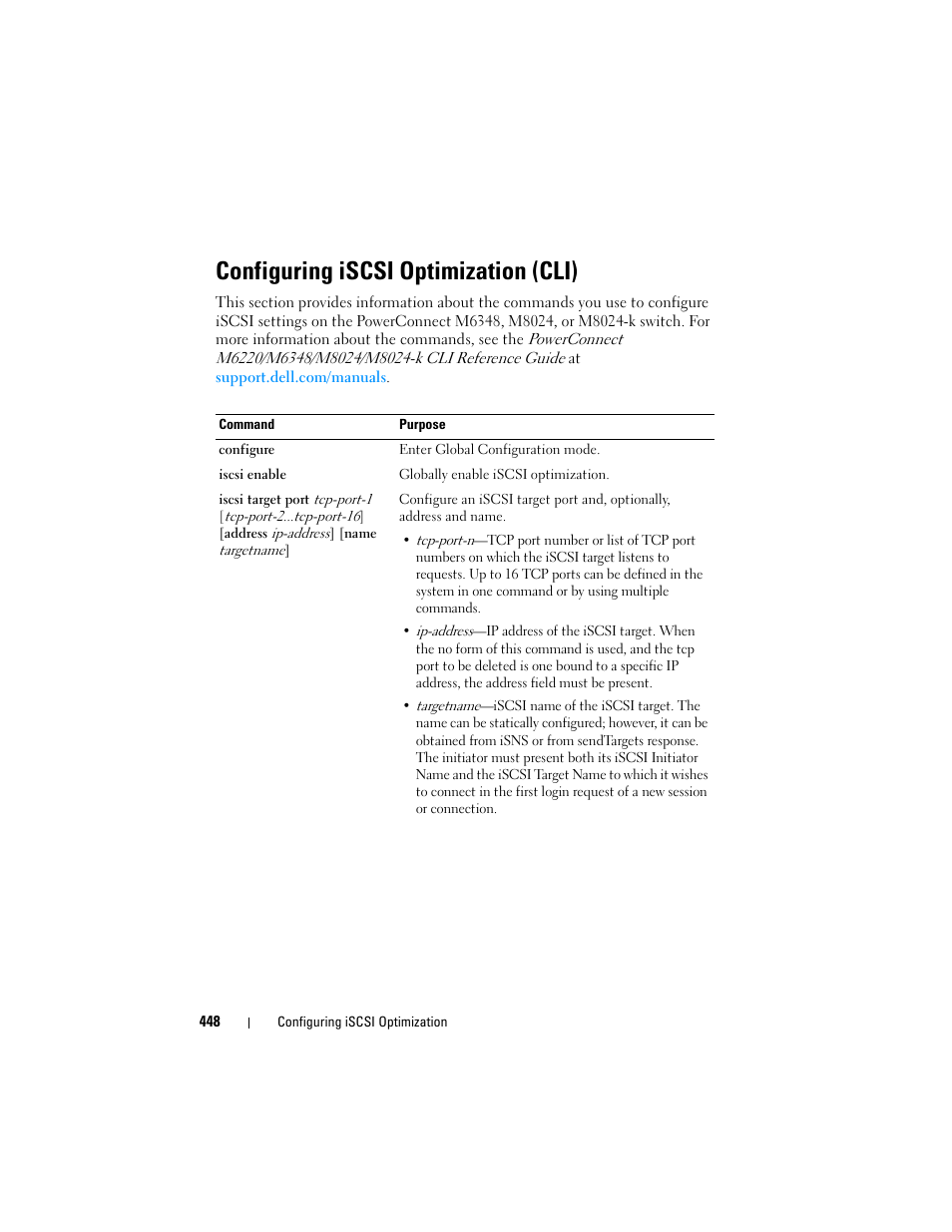 Configuring iscsi optimization (cli) | Dell POWEREDGE M1000E User Manual | Page 448 / 1246