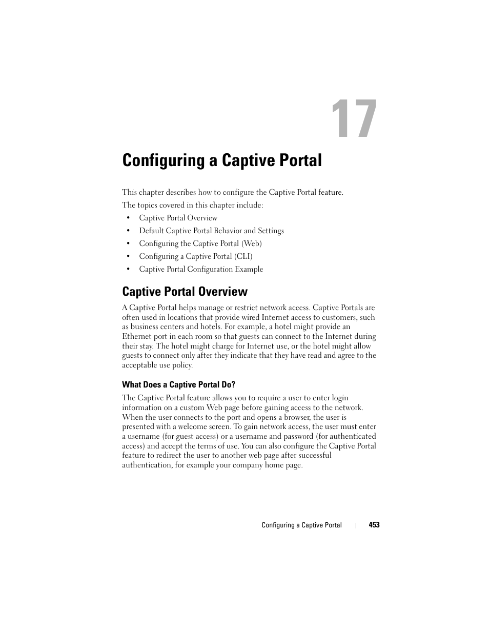 Configuring a captive portal, Captive portal overview, What does a captive portal do | Configuring a captive portal" on | Dell POWEREDGE M1000E User Manual | Page 453 / 1246