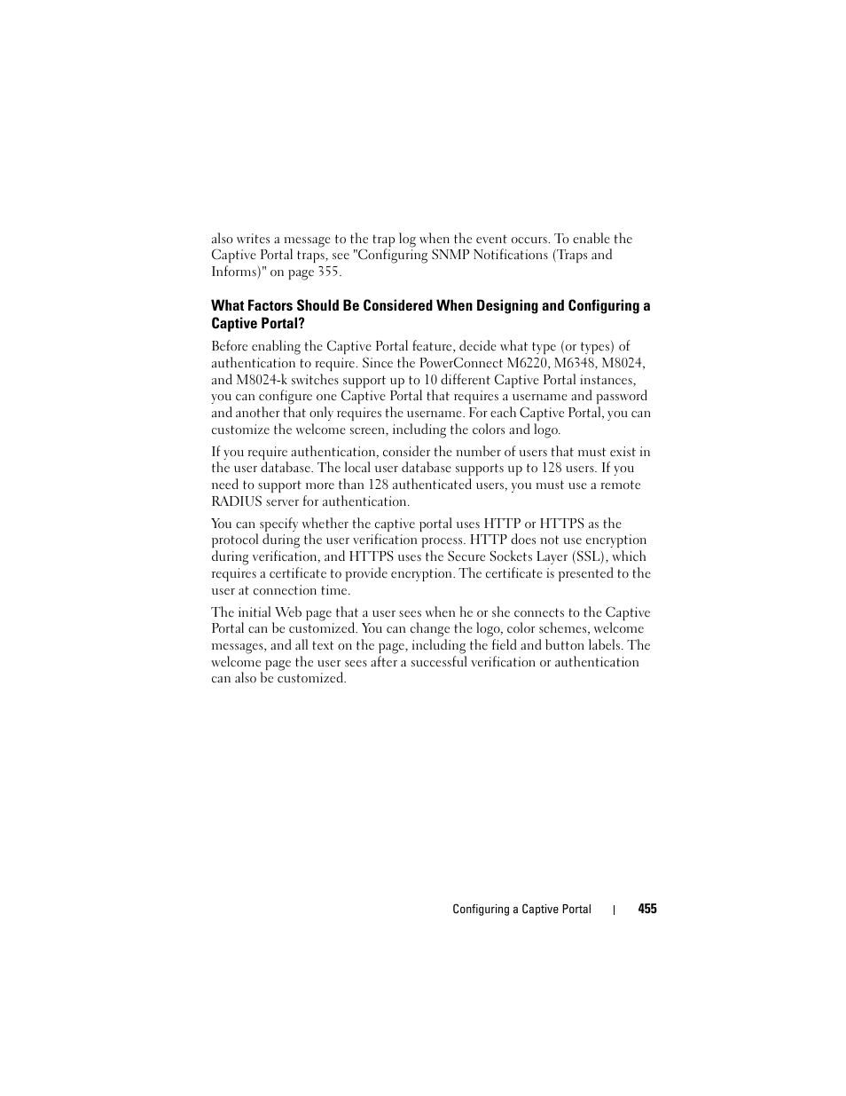 What factors should be considered when, Designing and configuring a captive portal | Dell POWEREDGE M1000E User Manual | Page 455 / 1246