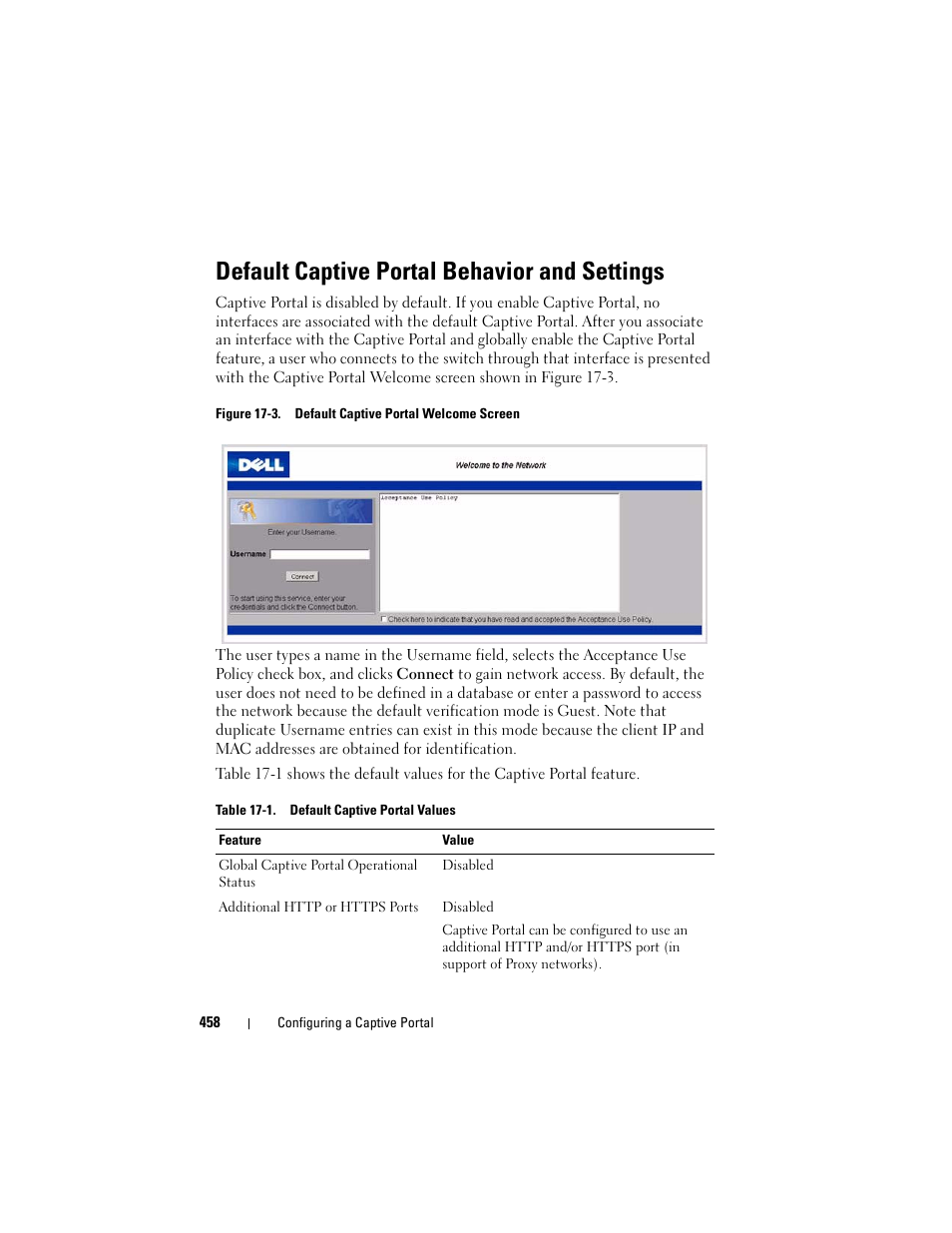 Default captive portal behavior and settings | Dell POWEREDGE M1000E User Manual | Page 458 / 1246