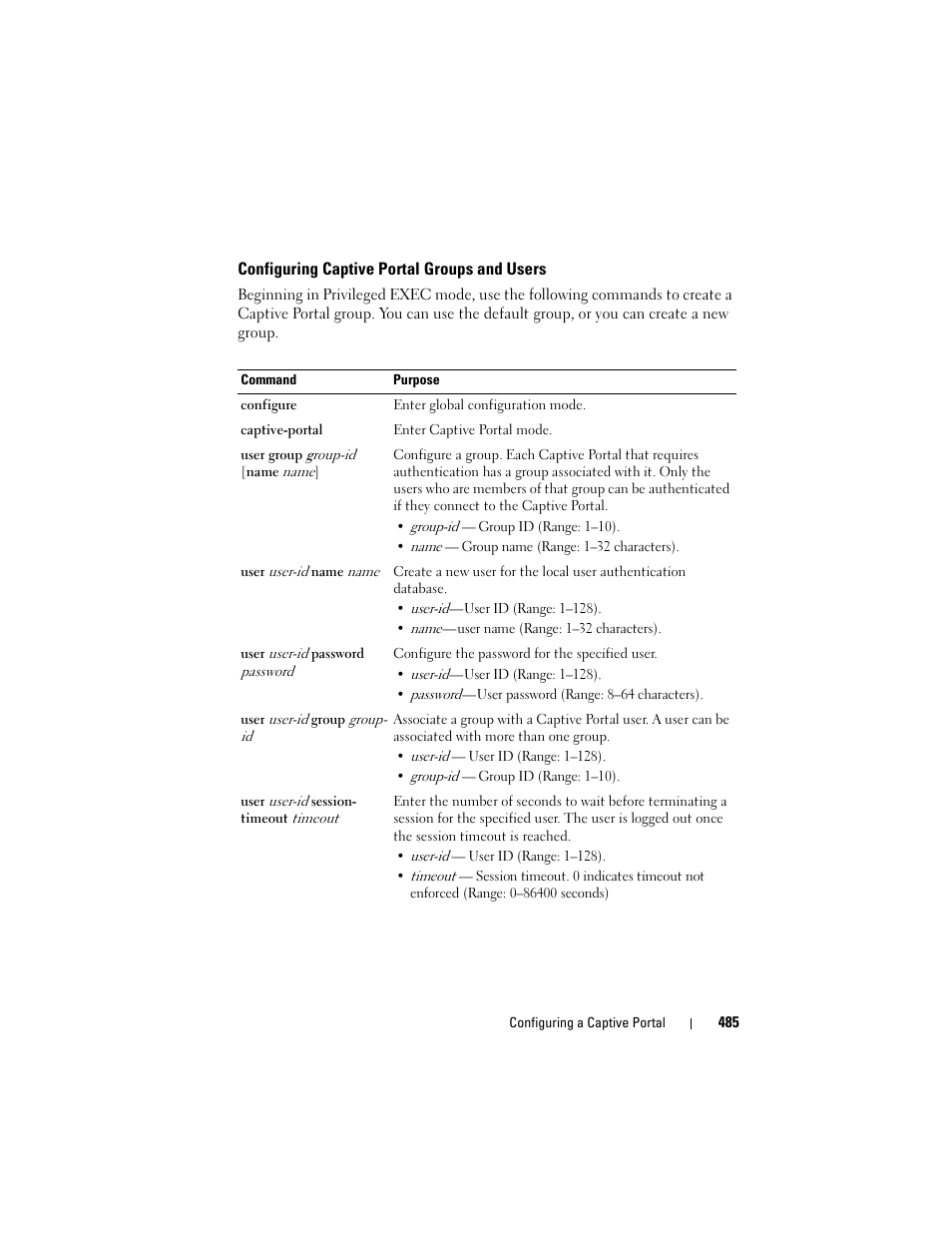 Configuring captive portal groups and users | Dell POWEREDGE M1000E User Manual | Page 485 / 1246