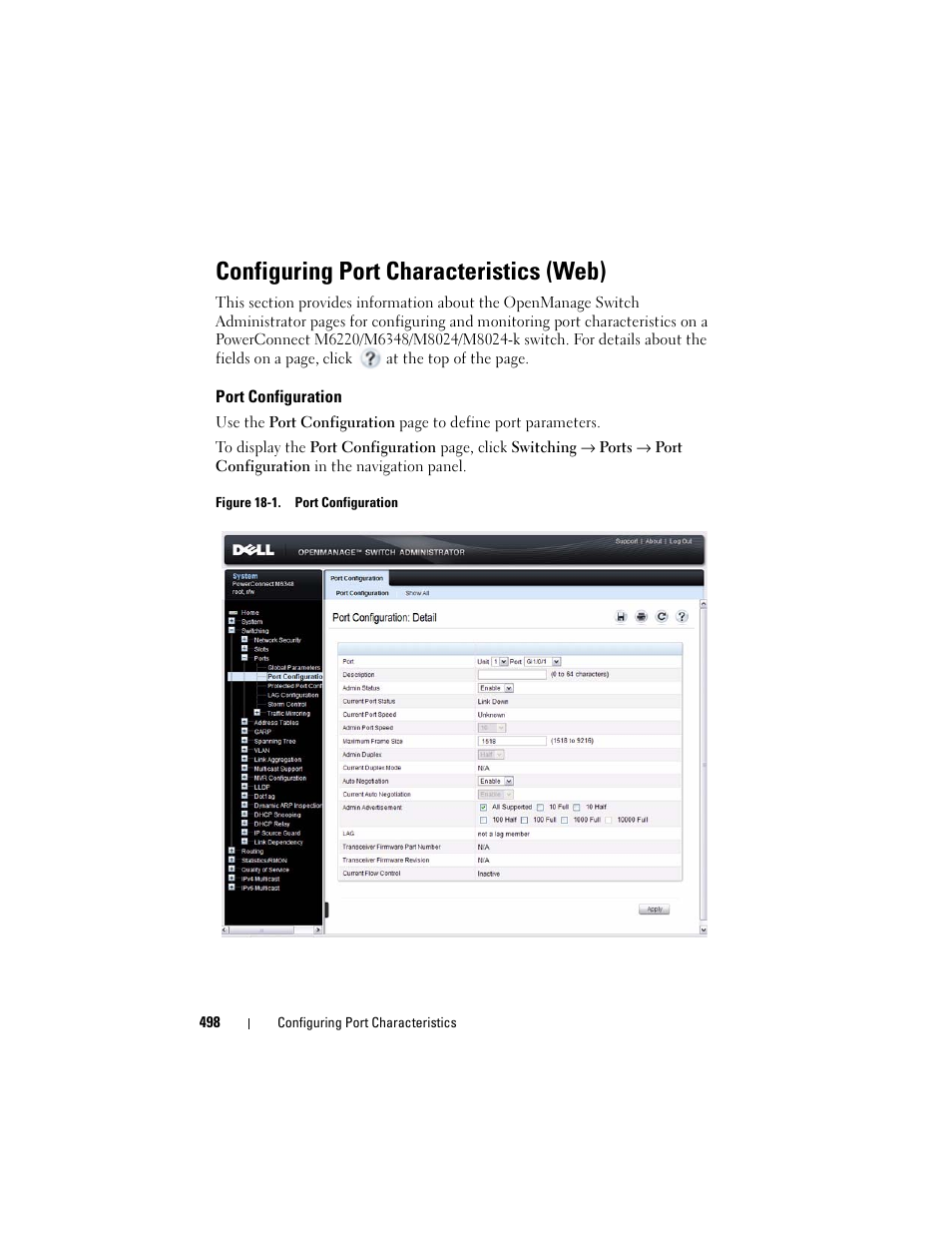 Configuring port characteristics (web), Port configuration | Dell POWEREDGE M1000E User Manual | Page 498 / 1246