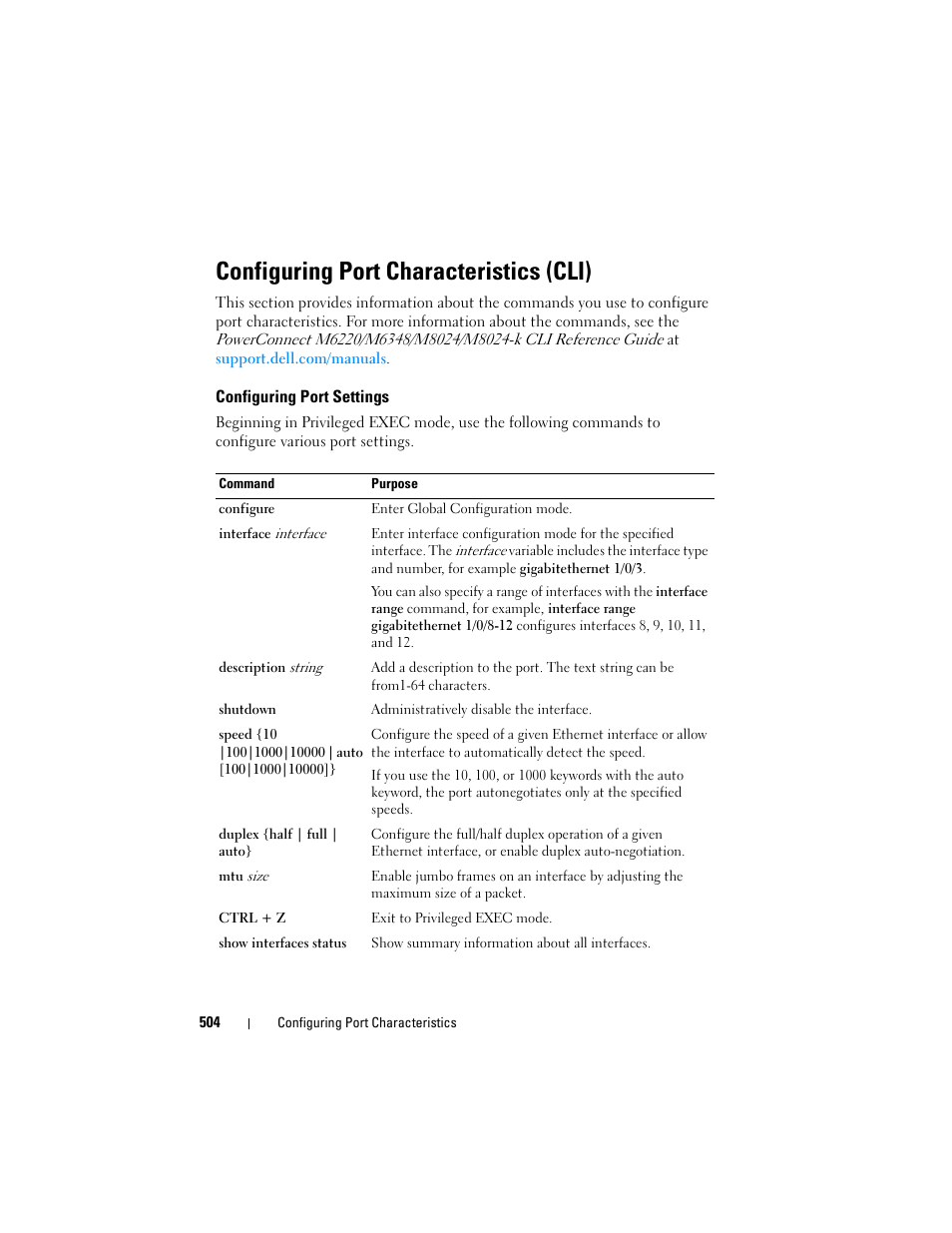 Configuring port characteristics (cli), Configuring port settings | Dell POWEREDGE M1000E User Manual | Page 504 / 1246