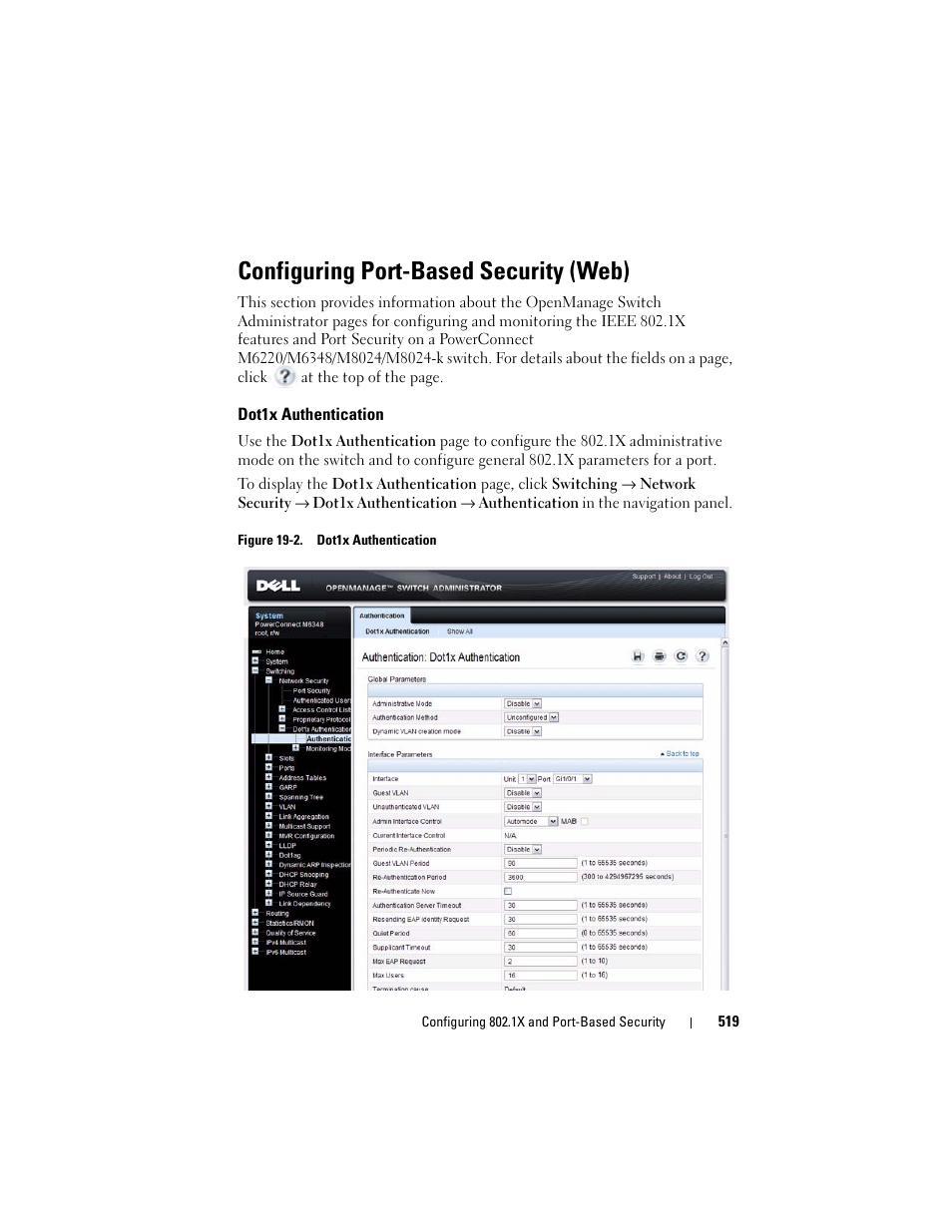 Configuring port-based security (web), Dot1x authentication | Dell POWEREDGE M1000E User Manual | Page 519 / 1246