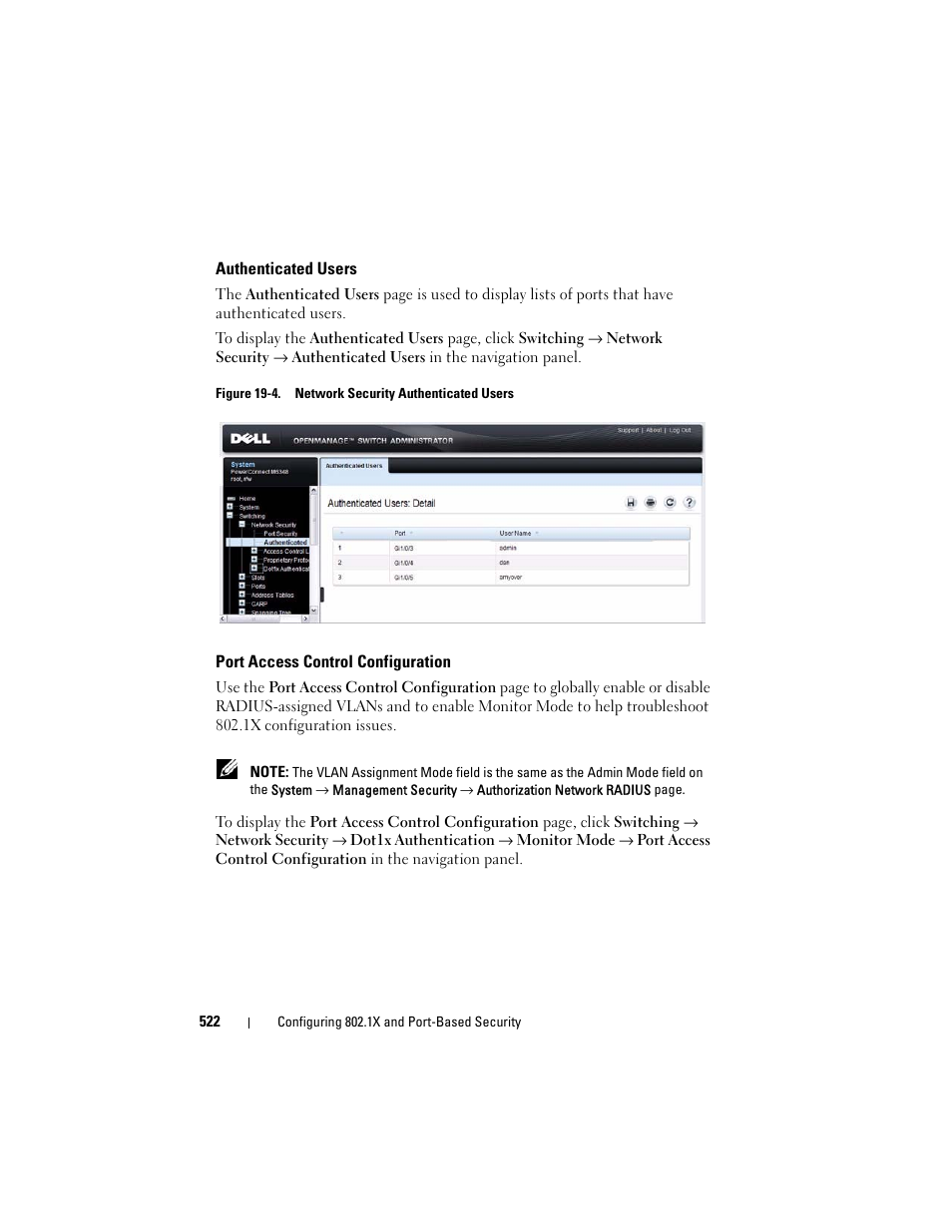 Authenticated users, Port access control configuration | Dell POWEREDGE M1000E User Manual | Page 522 / 1246
