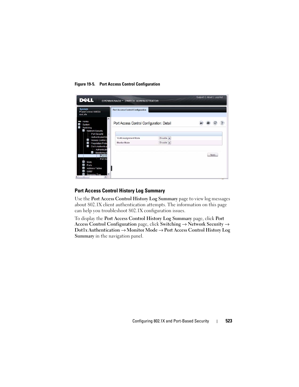 Port access control history log summary | Dell POWEREDGE M1000E User Manual | Page 523 / 1246