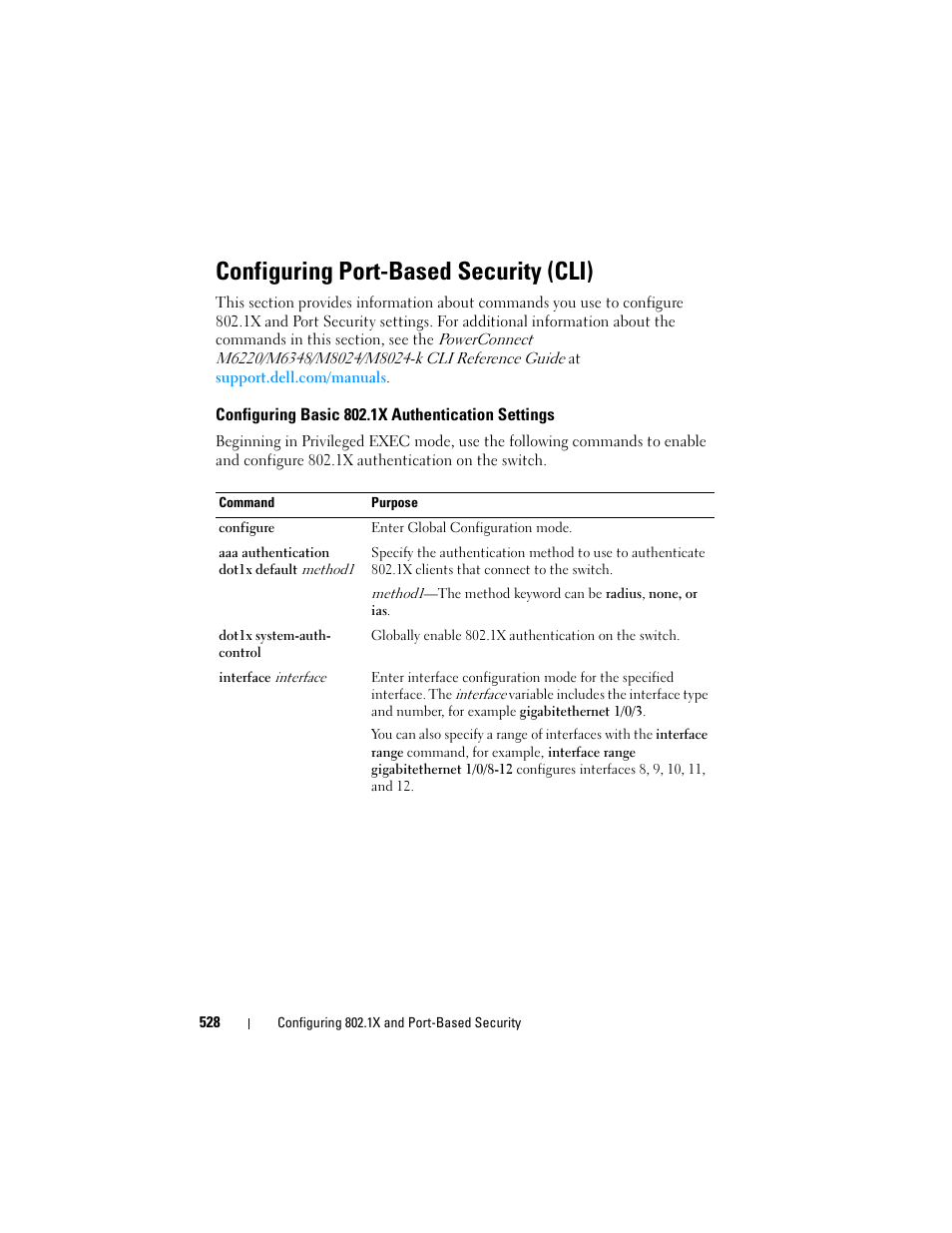 Configuring port-based security (cli), Configuring basic 802.1x authentication settings, Configuring basic 802.1x authentication | Settings | Dell POWEREDGE M1000E User Manual | Page 528 / 1246