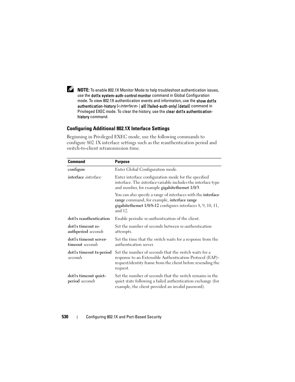 Configuring additional 802.1x interface settings, Configuring additional 802.1x interface, Settings | Dell POWEREDGE M1000E User Manual | Page 530 / 1246