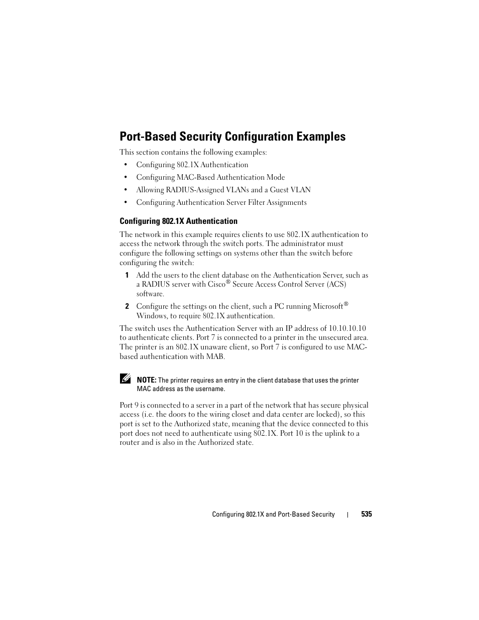 Port-based security configuration examples, Configuring 802.1x authentication | Dell POWEREDGE M1000E User Manual | Page 535 / 1246