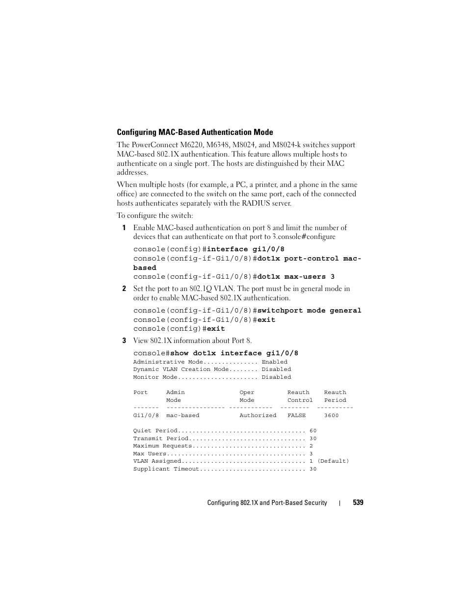 Configuring mac-based authentication mode, Configuring mac-based authentication, Mode | Dell POWEREDGE M1000E User Manual | Page 539 / 1246