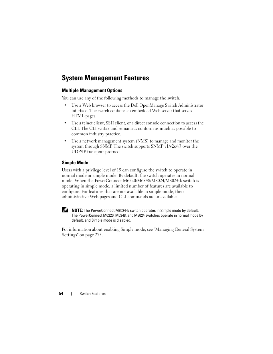 System management features, Multiple management options, Simple mode | System management, Features | Dell POWEREDGE M1000E User Manual | Page 54 / 1246