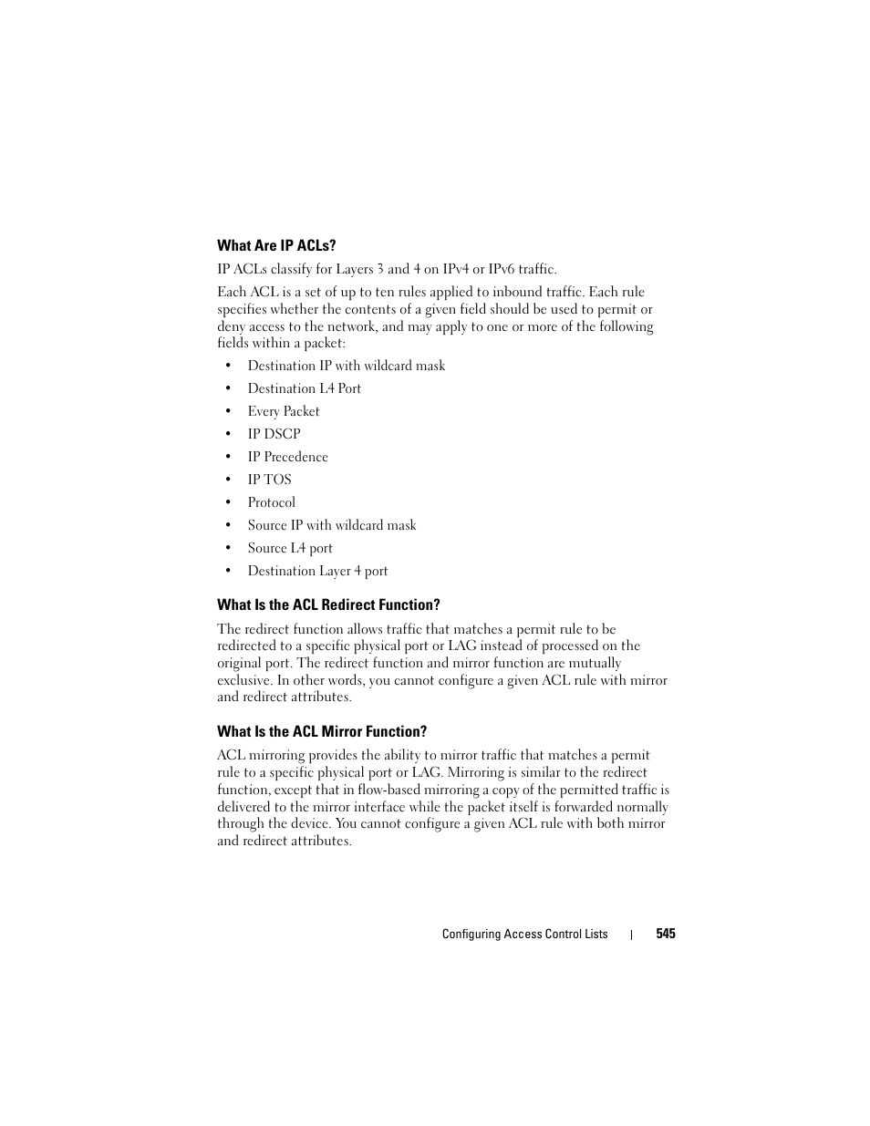 What are ip acls, What is the acl redirect function, What is the acl mirror function | Dell POWEREDGE M1000E User Manual | Page 545 / 1246