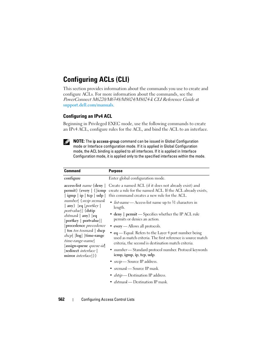 Configuring acls (cli), Configuring an ipv4 acl | Dell POWEREDGE M1000E User Manual | Page 562 / 1246