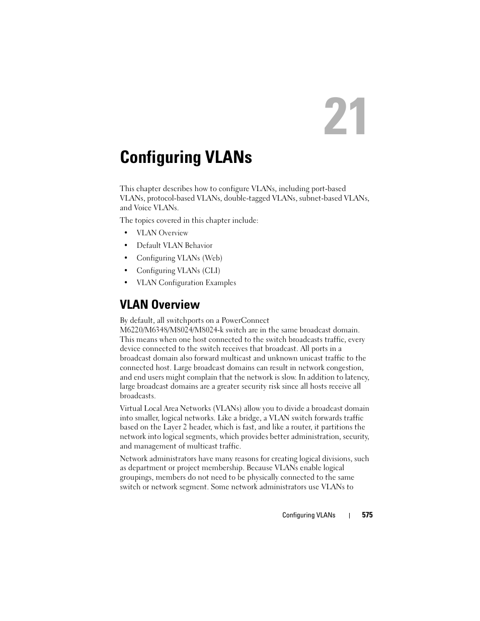 Configuring vlans, Vlan overview, Configuring vlans" on | Dell POWEREDGE M1000E User Manual | Page 575 / 1246