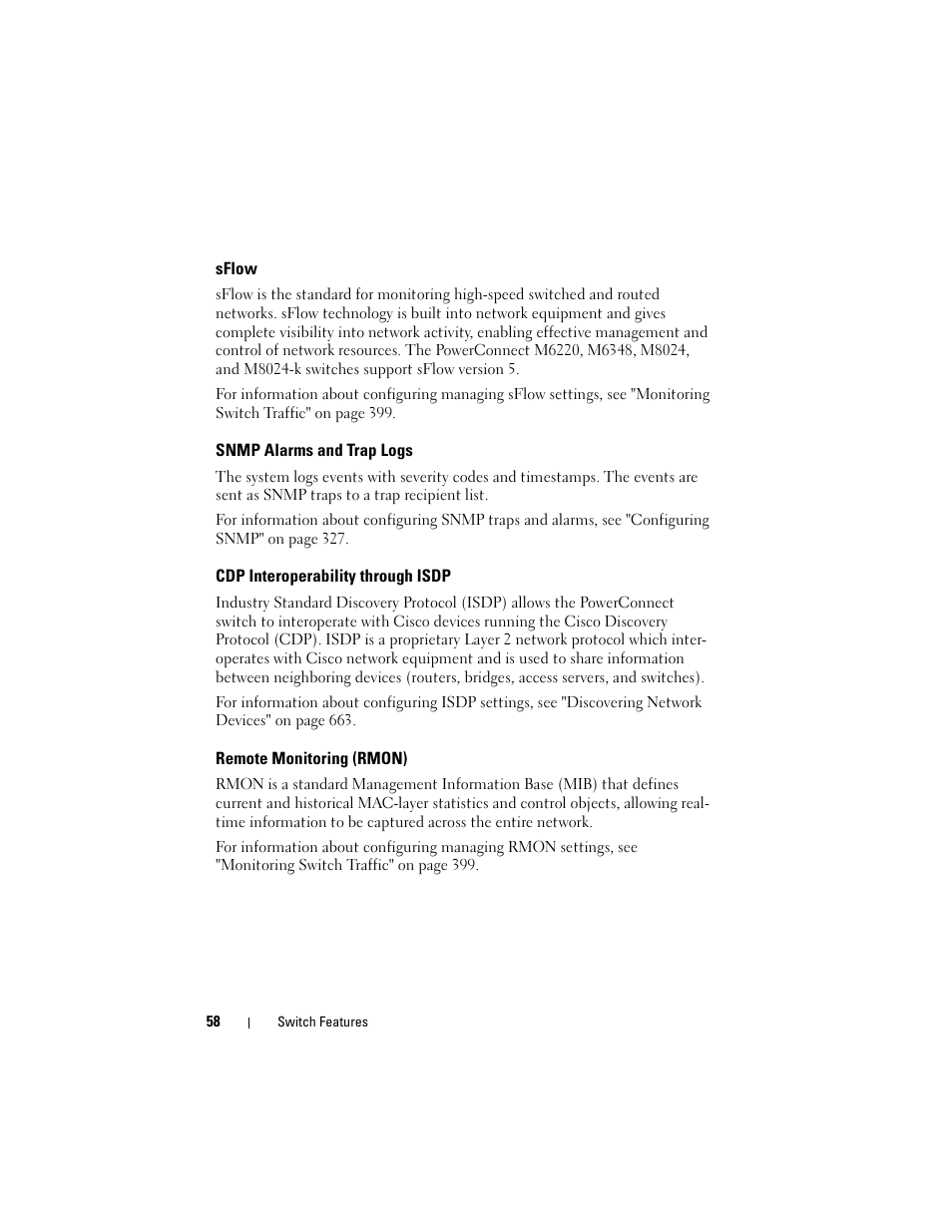 Sflow, Snmp alarms and trap logs, Cdp interoperability through isdp | Remote monitoring (rmon) | Dell POWEREDGE M1000E User Manual | Page 58 / 1246