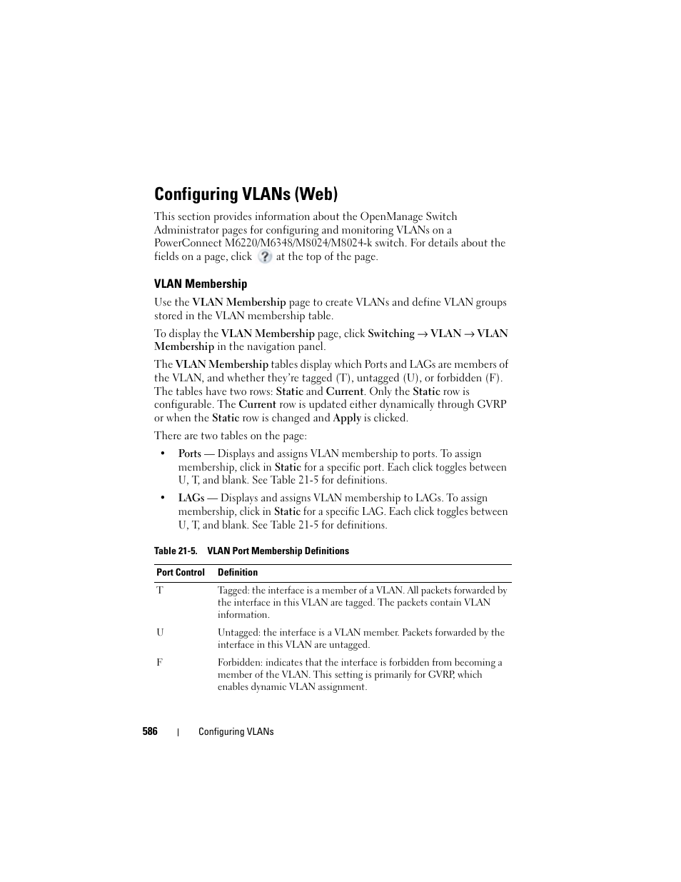 Configuring vlans (web), Vlan membership | Dell POWEREDGE M1000E User Manual | Page 586 / 1246