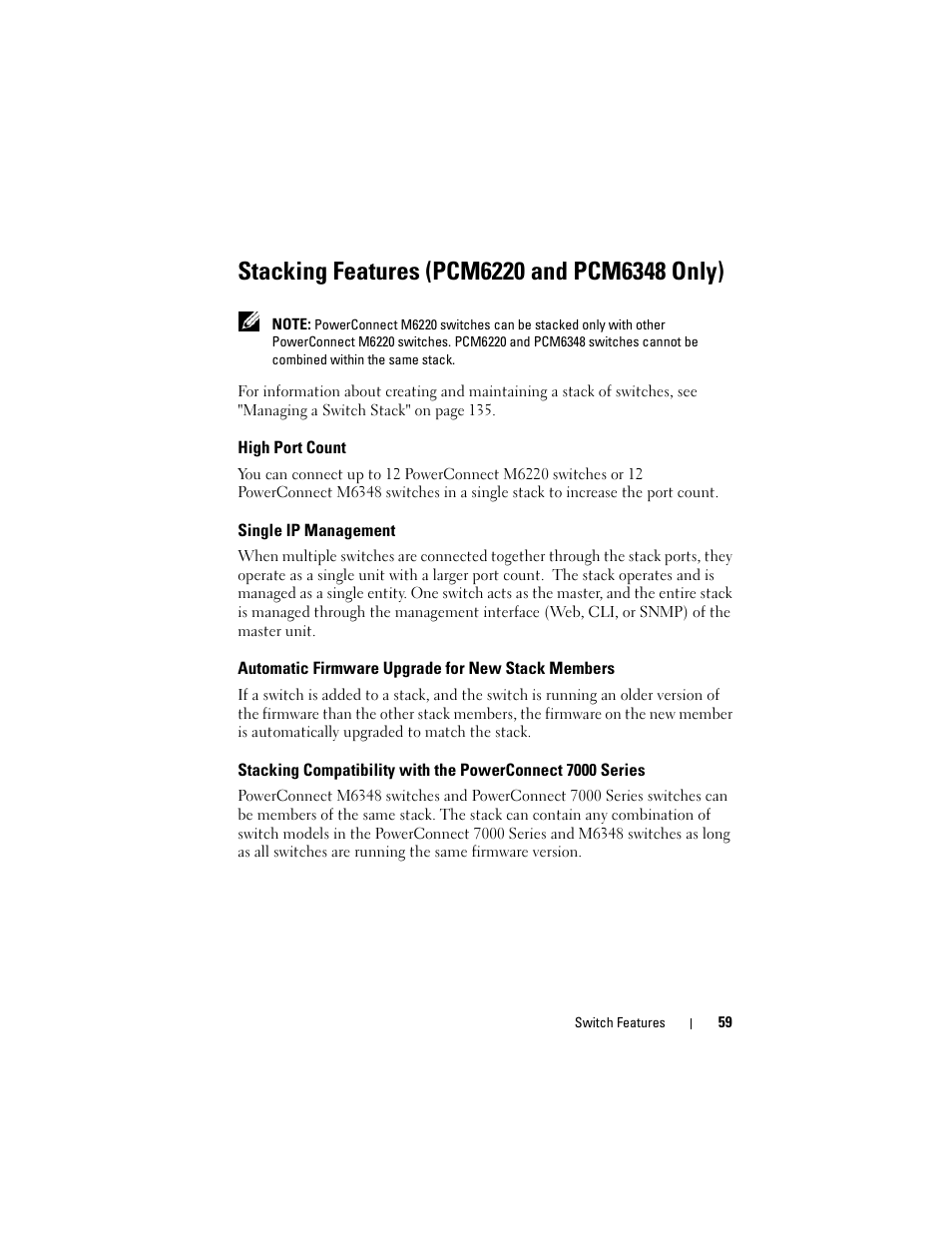 Stacking features (pcm6220 and pcm6348 only), High port count, Single ip management | Automatic firmware upgrade for new stack members, Automatic firmware upgrade for new stack, Members, Stacking compatibility with the, Powerconnect 7000 series, Stacking features (pcm6220, And pcm6348 only) | Dell POWEREDGE M1000E User Manual | Page 59 / 1246