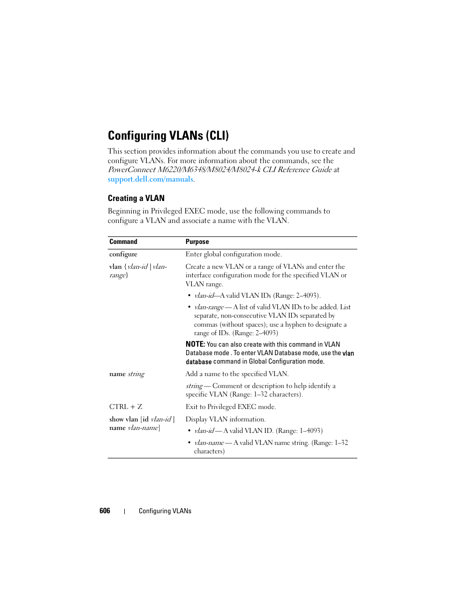 Configuring vlans (cli), Creating a vlan | Dell POWEREDGE M1000E User Manual | Page 606 / 1246