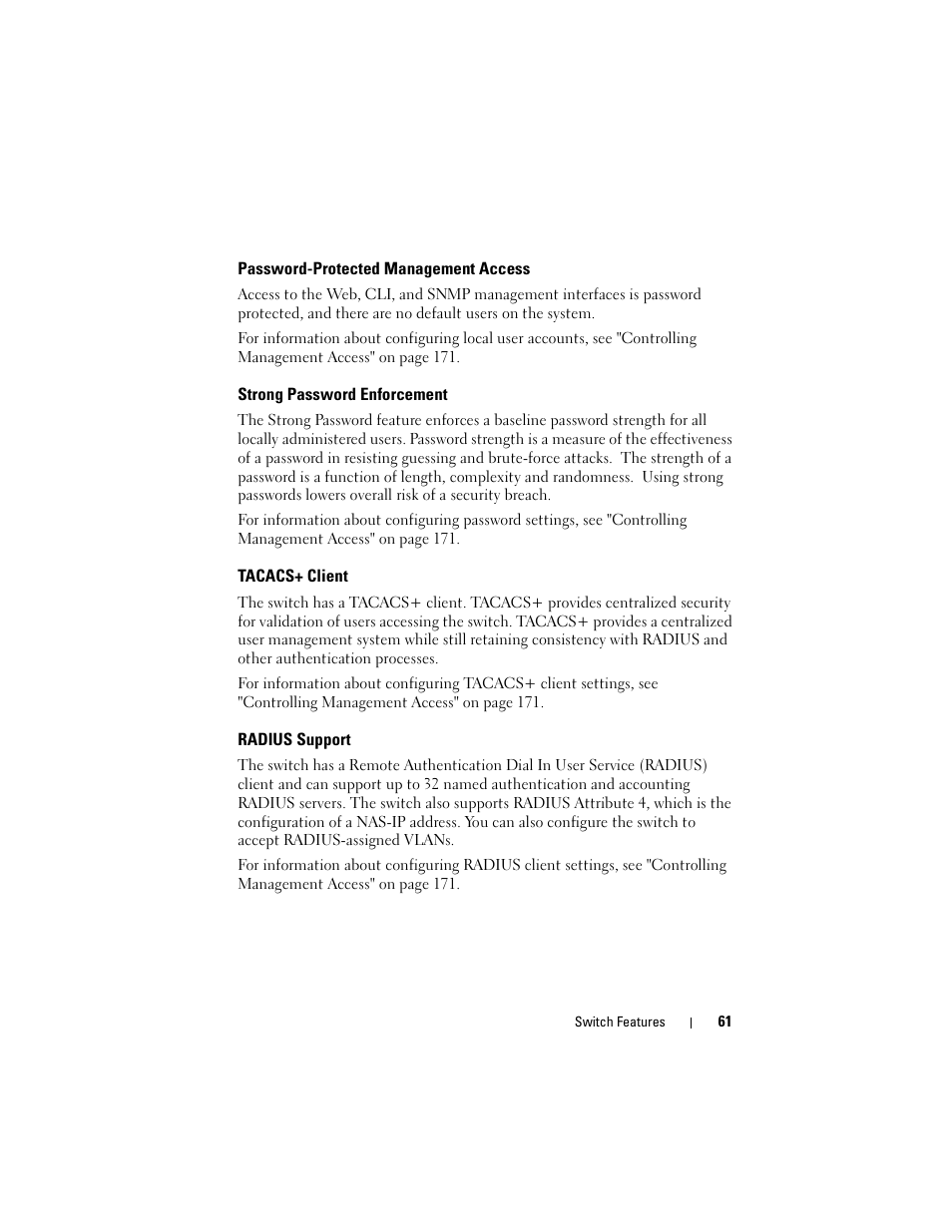 Password-protected management access, Strong password enforcement, Tacacs+ client | Radius support | Dell POWEREDGE M1000E User Manual | Page 61 / 1246