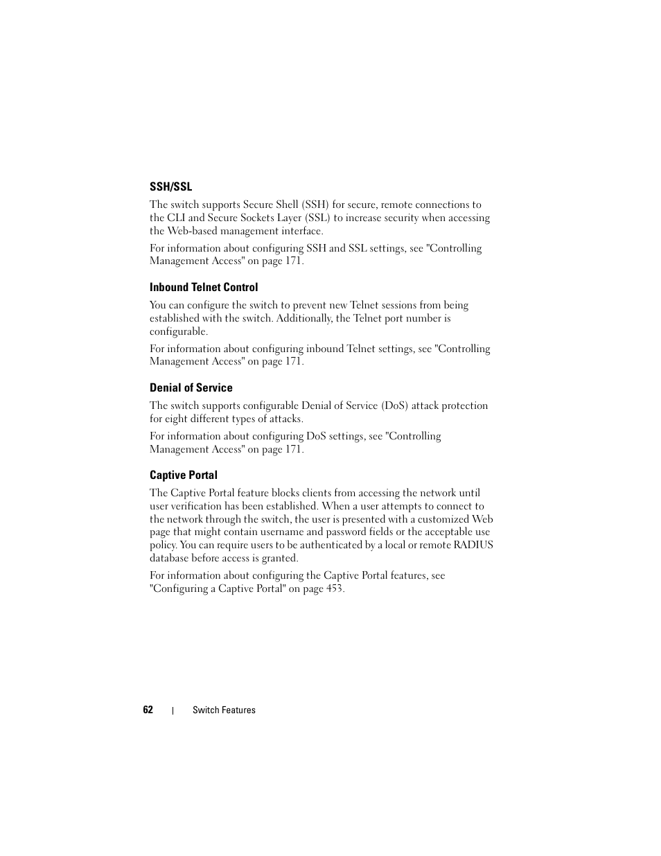 Ssh/ssl, Inbound telnet control, Denial of service | Captive portal | Dell POWEREDGE M1000E User Manual | Page 62 / 1246