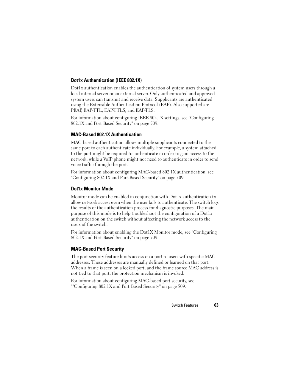 Dot1x authentication (ieee 802.1x), Mac-based 802.1x authentication, Dot1x monitor mode | Mac-based port security | Dell POWEREDGE M1000E User Manual | Page 63 / 1246