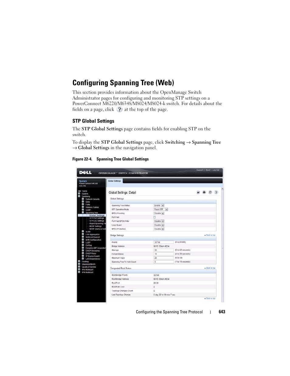 Configuring spanning tree (web), Stp global settings | Dell POWEREDGE M1000E User Manual | Page 643 / 1246